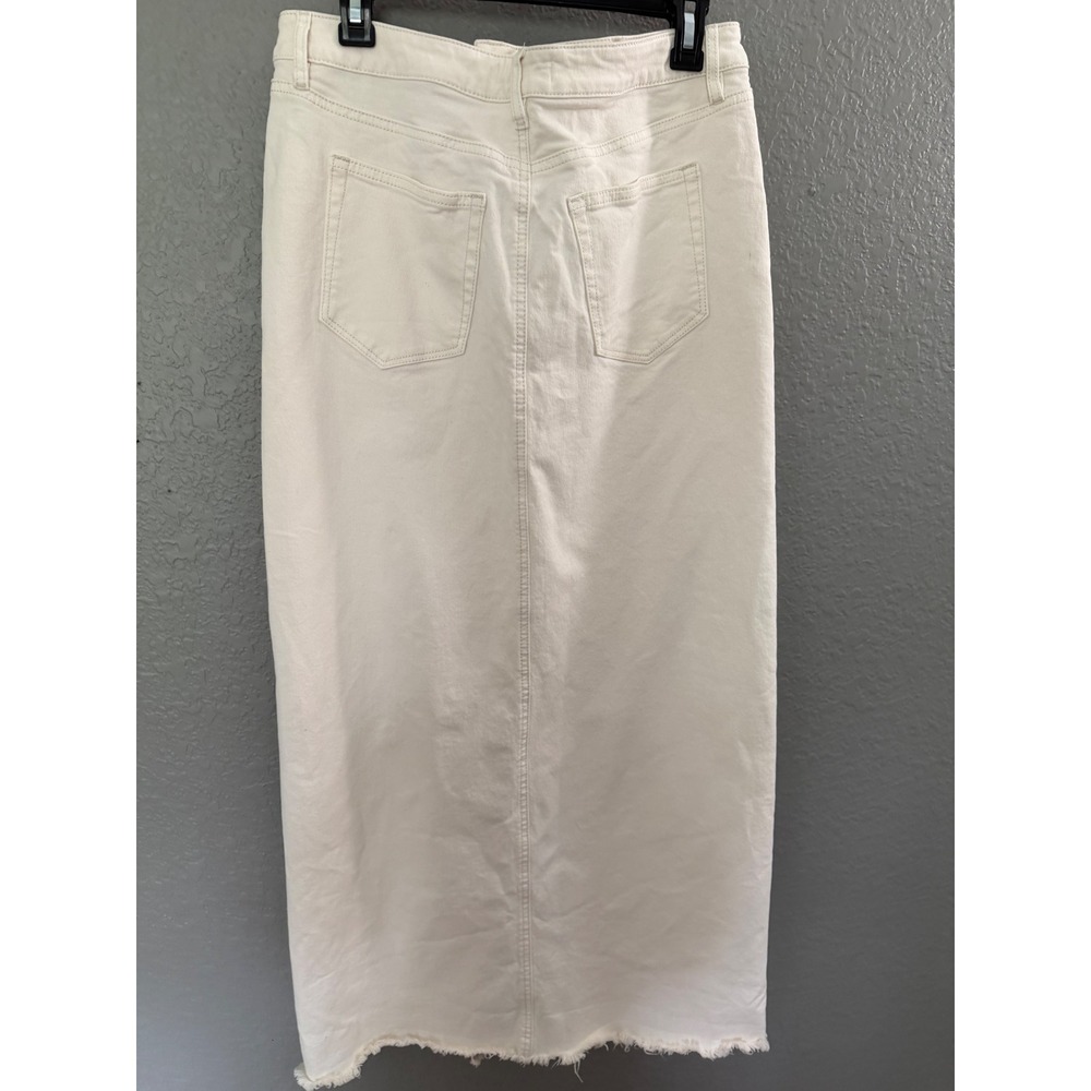 Loft Denim Maxi Skirt White SZ 8 High Waisted Front Slit Raw Hem Zip Up Modern - Picture 6 of 10